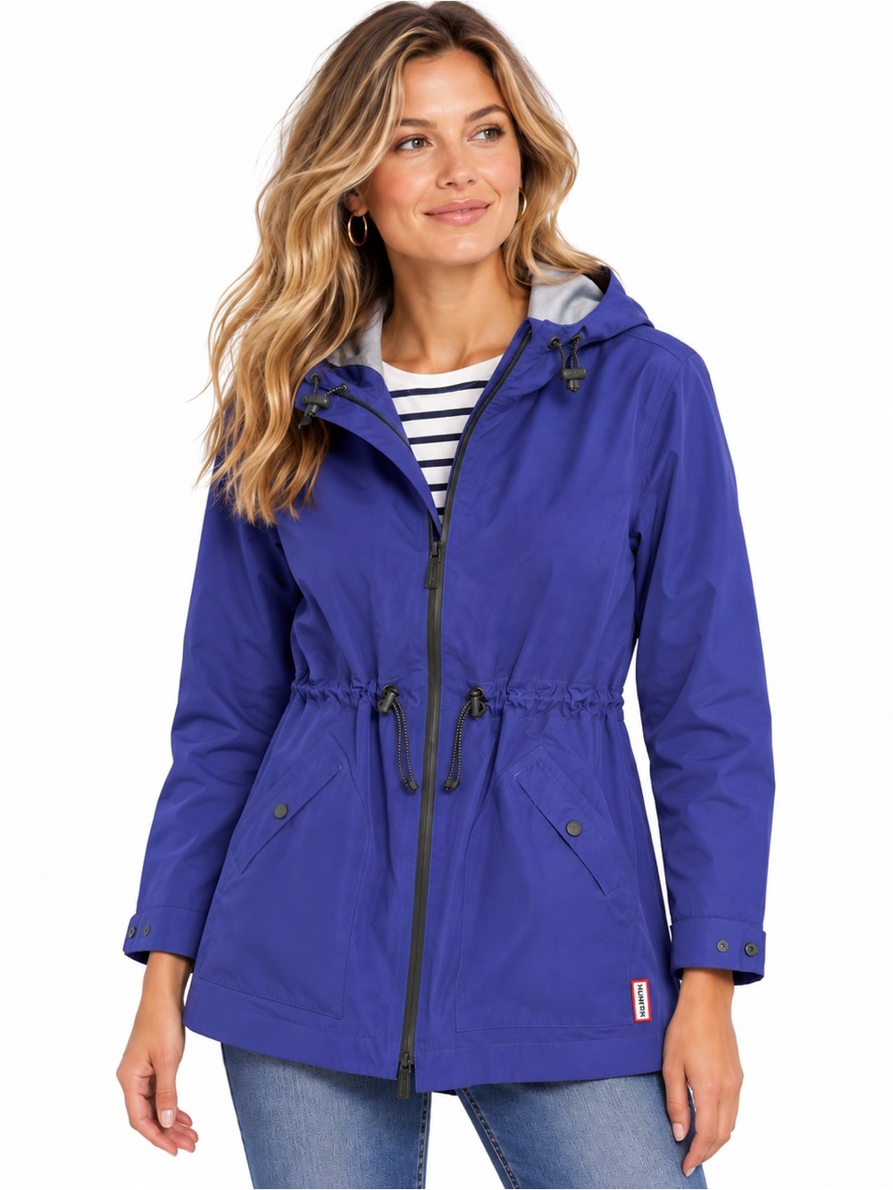 Hunter Original Blue Hooded Rain Jacket S Waterproof Cinch Waist Coastal Preppy